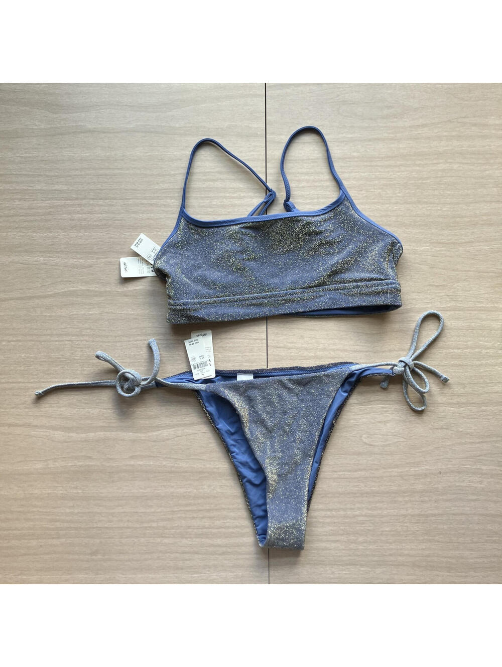 Aerie Swim Bikini Sparkle Scoop Top Cheekiest Tie Bottom MEDIUM Blue Gold
